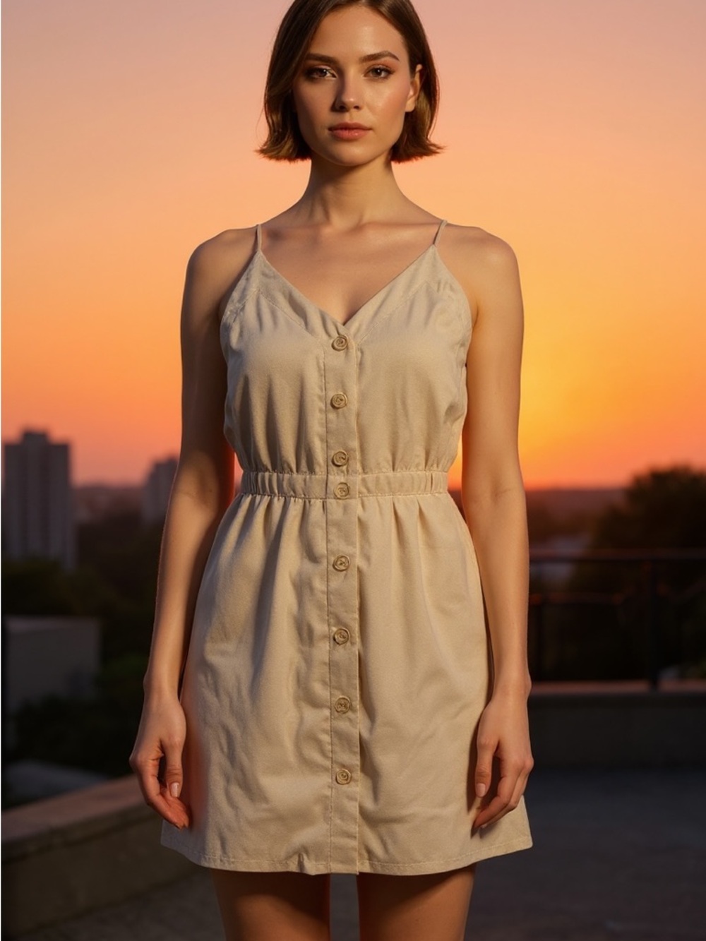 Button-Front Spaghetti Strap Dress in Taupe